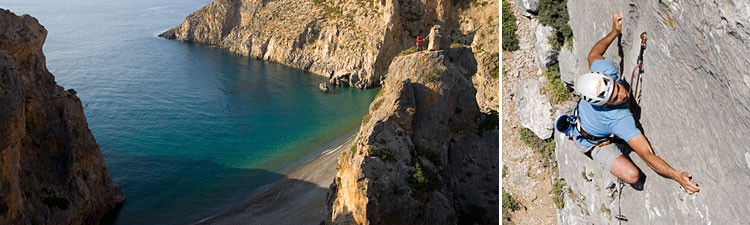 Gauche : une cordée arrive au relais d'Indiana qui surplombe la baie d'Agiofarango. Droite : Manolis Karkanakisakis scrute les dalles de la Bergerie à Kapetanania.